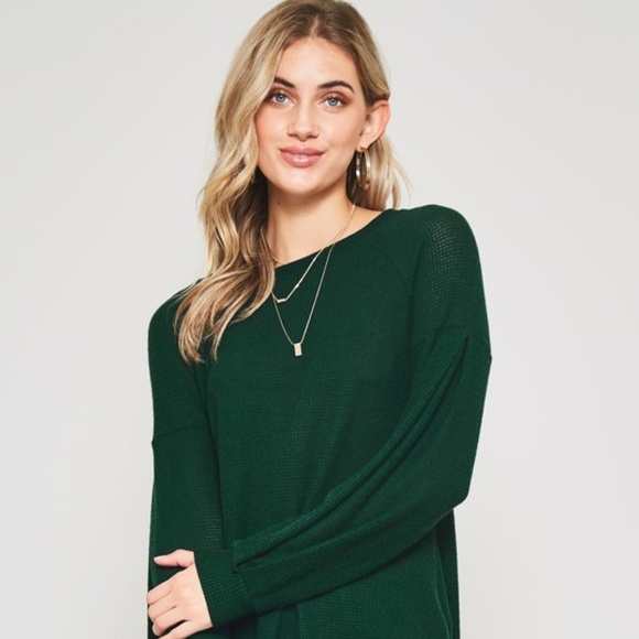 Waffle Knit Hunter Green Long-Sleeved Top - Picture 2 of 4